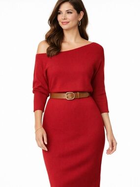 Banana Republic Red Knit Off‑Shoulder Dress – Size XL (Belt not included)
